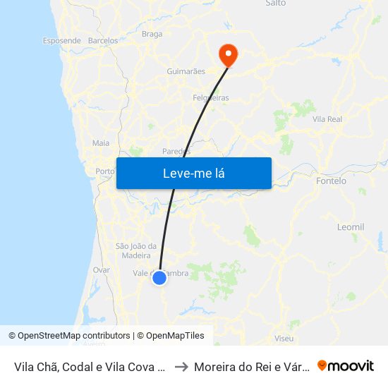 Vila Chã, Codal e Vila Cova de Perrinho to Moreira do Rei e Várzea Cova map