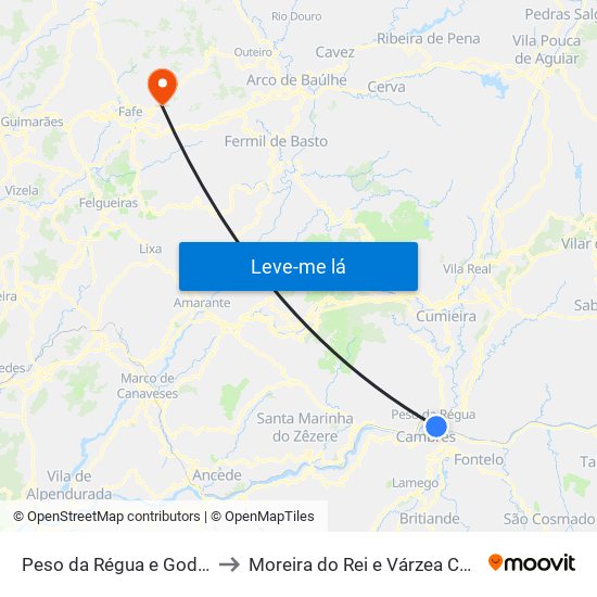 Peso da Régua e Godim to Moreira do Rei e Várzea Cova map