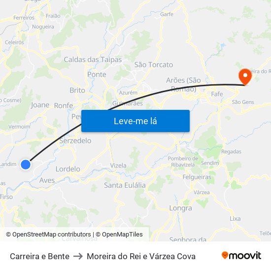 Carreira e Bente to Moreira do Rei e Várzea Cova map