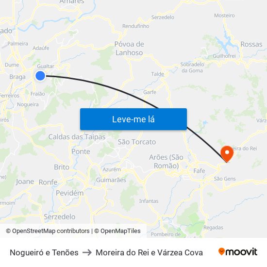 Nogueiró e Tenões to Moreira do Rei e Várzea Cova map