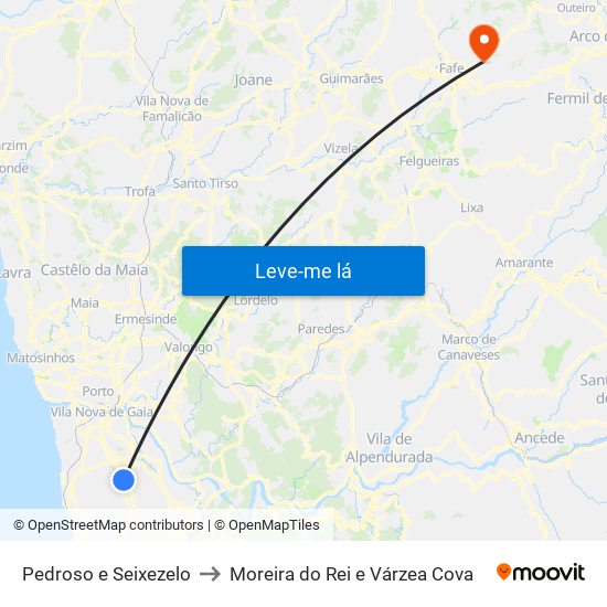 Pedroso e Seixezelo to Moreira do Rei e Várzea Cova map