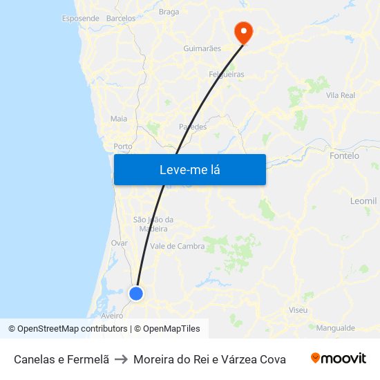 Canelas e Fermelã to Moreira do Rei e Várzea Cova map