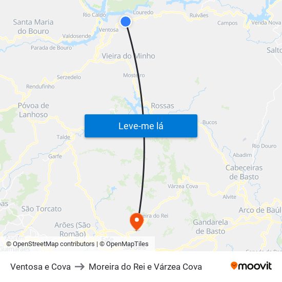 Ventosa e Cova to Moreira do Rei e Várzea Cova map