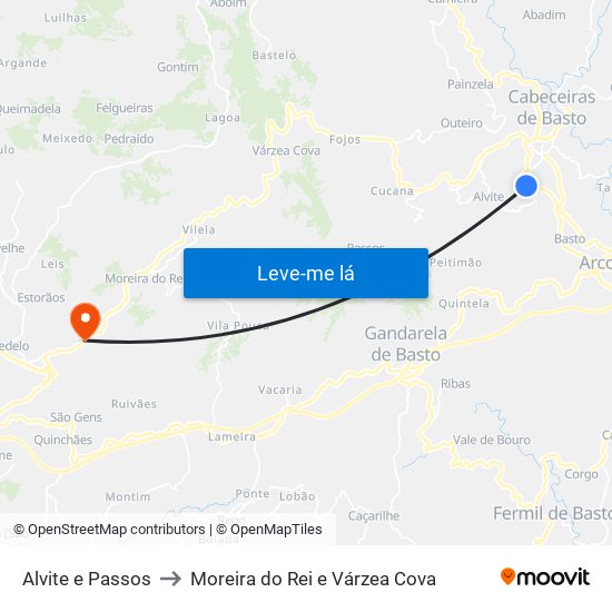 Alvite e Passos to Moreira do Rei e Várzea Cova map