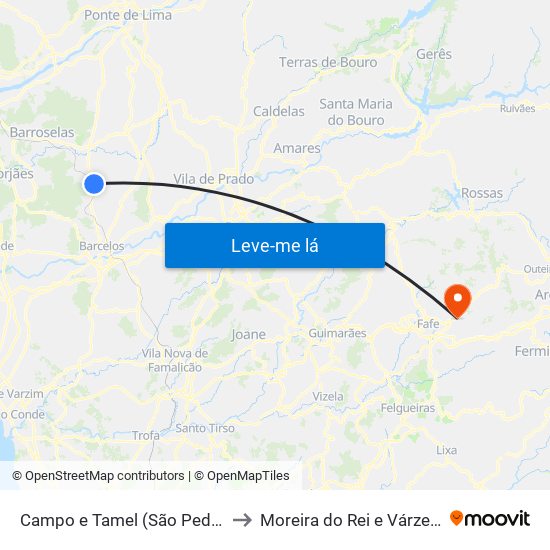 Campo e Tamel (São Pedro Fins) to Moreira do Rei e Várzea Cova map