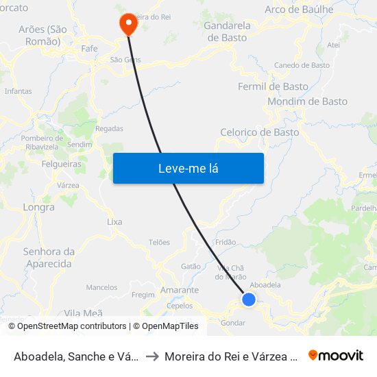 Aboadela, Sanche e Várzea to Moreira do Rei e Várzea Cova map