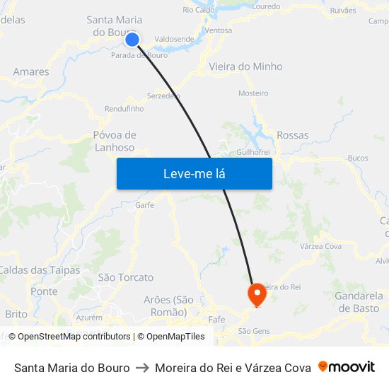 Santa Maria do Bouro to Moreira do Rei e Várzea Cova map