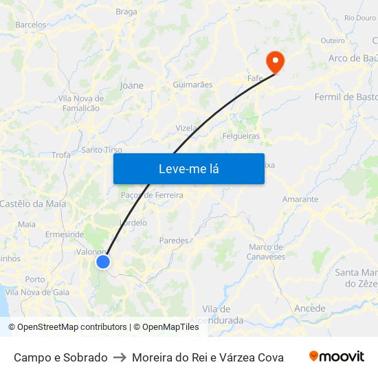 Campo e Sobrado to Moreira do Rei e Várzea Cova map