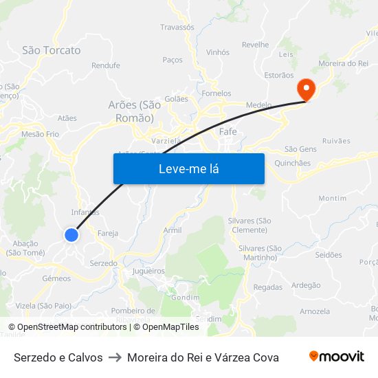 Serzedo e Calvos to Moreira do Rei e Várzea Cova map
