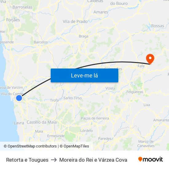 Retorta e Tougues to Moreira do Rei e Várzea Cova map