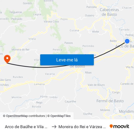 Arco de Baúlhe e Vila Nune to Moreira do Rei e Várzea Cova map