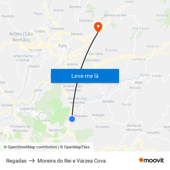 Regadas to Moreira do Rei e Várzea Cova map