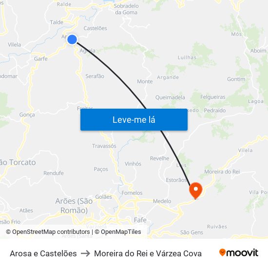 Arosa e Castelões to Moreira do Rei e Várzea Cova map