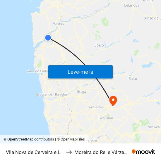 Vila Nova de Cerveira e Lovelhe to Moreira do Rei e Várzea Cova map