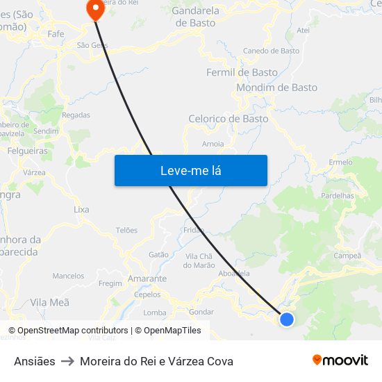 Ansiāes to Moreira do Rei e Várzea Cova map