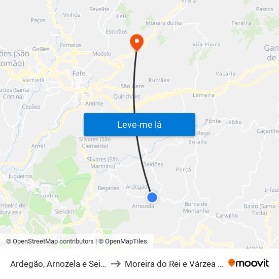 Ardegão, Arnozela e Seidões to Moreira do Rei e Várzea Cova map