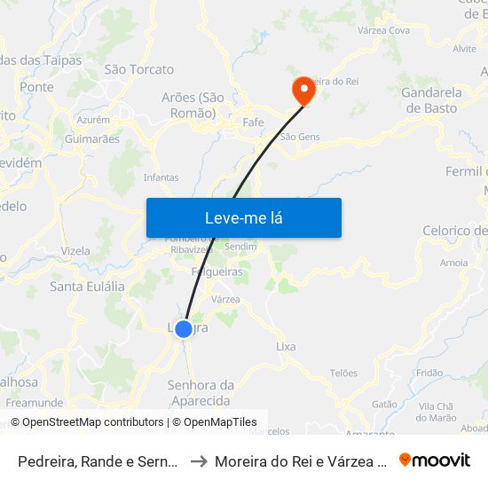 Pedreira, Rande e Sernande to Moreira do Rei e Várzea Cova map