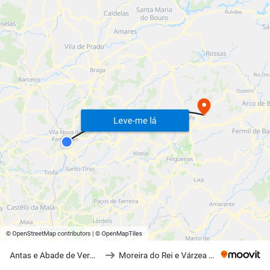 Antas e Abade de Vermoim to Moreira do Rei e Várzea Cova map