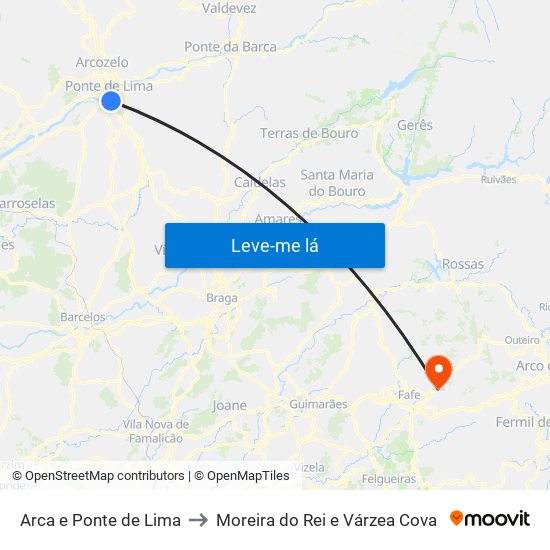 Arca e Ponte de Lima to Moreira do Rei e Várzea Cova map