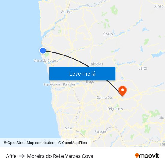 Afife to Moreira do Rei e Várzea Cova map