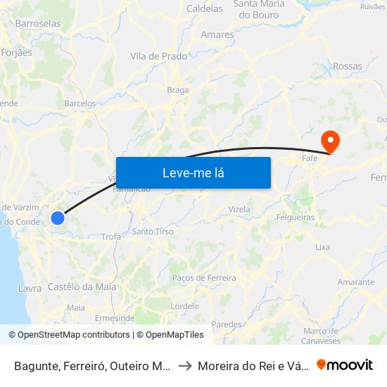 Bagunte, Ferreiró, Outeiro Maior e Parada to Moreira do Rei e Várzea Cova map