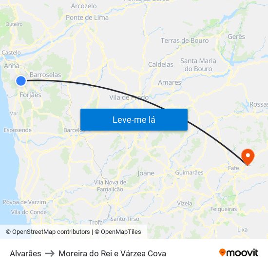 Alvarães to Moreira do Rei e Várzea Cova map