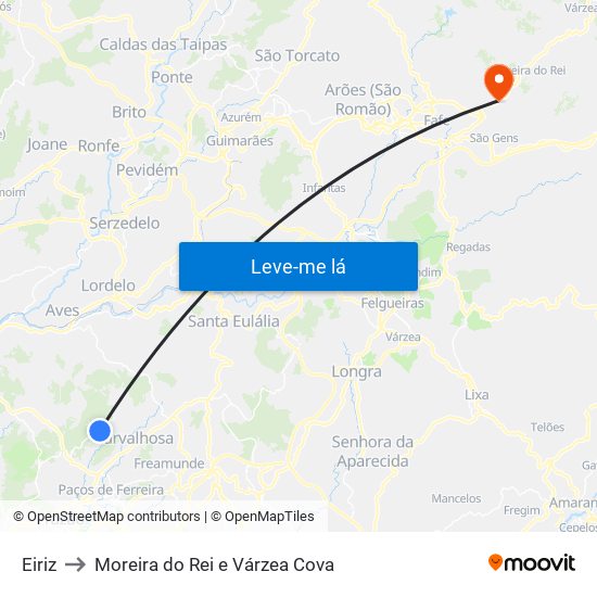 Eiriz to Moreira do Rei e Várzea Cova map