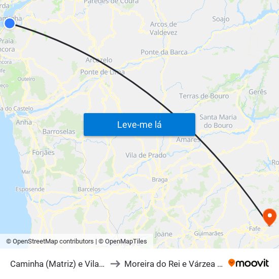 Caminha (Matriz) e Vilarelho to Moreira do Rei e Várzea Cova map