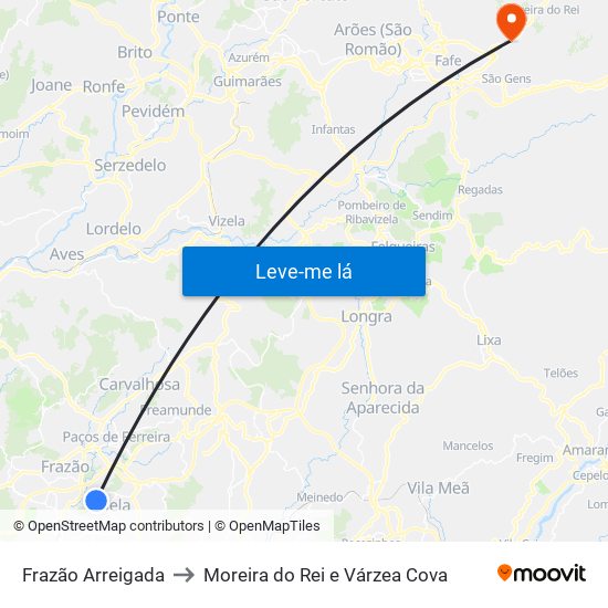 Frazão Arreigada to Moreira do Rei e Várzea Cova map