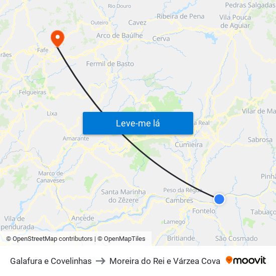 Galafura e Covelinhas to Moreira do Rei e Várzea Cova map