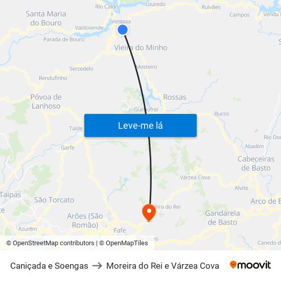 Caniçada e Soengas to Moreira do Rei e Várzea Cova map