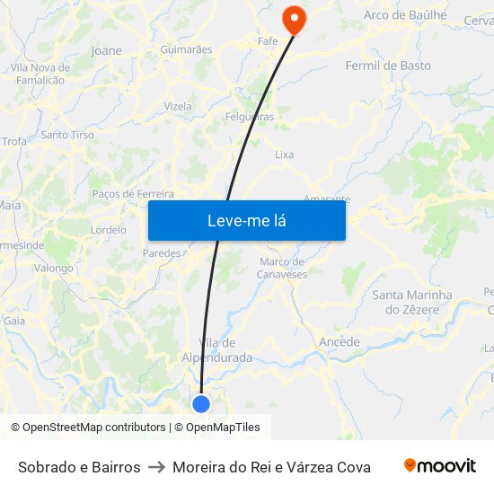 Sobrado e Bairros to Moreira do Rei e Várzea Cova map