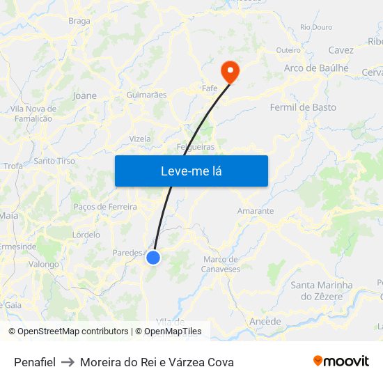 Penafiel to Moreira do Rei e Várzea Cova map