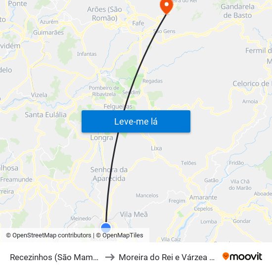 Recezinhos (São Mamede) to Moreira do Rei e Várzea Cova map