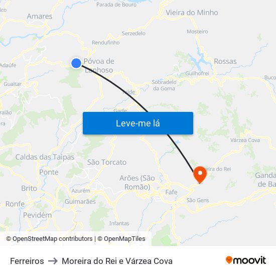 Ferreiros to Moreira do Rei e Várzea Cova map