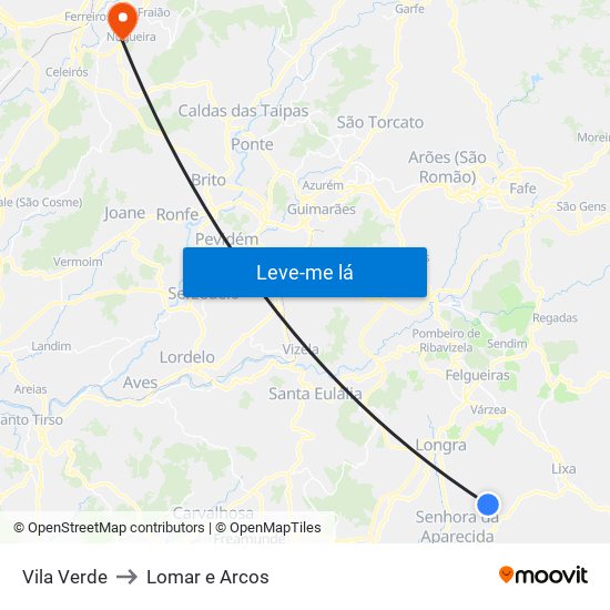Vila Verde to Lomar e Arcos map