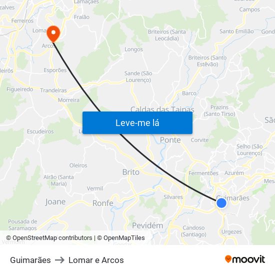 Guimarães to Lomar e Arcos map