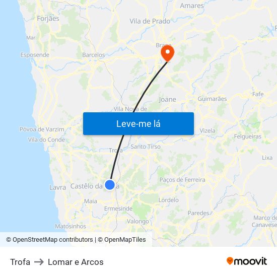 Trofa to Lomar e Arcos map