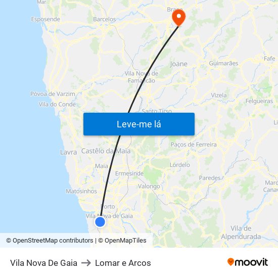 Vila Nova De Gaia to Lomar e Arcos map