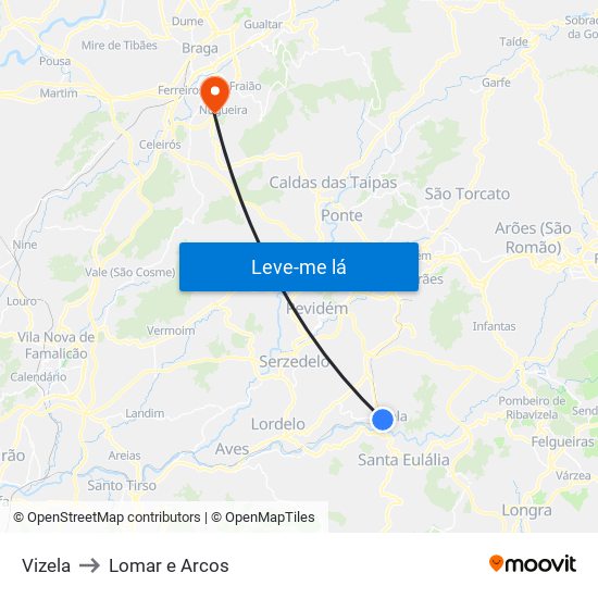 Vizela to Lomar e Arcos map