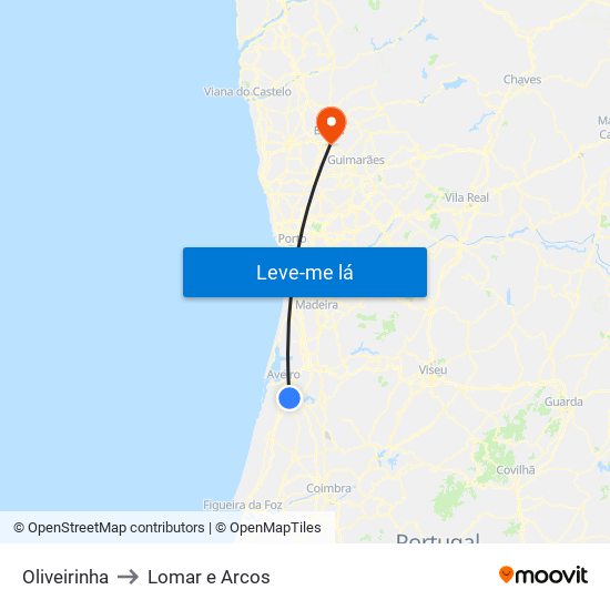 Oliveirinha to Lomar e Arcos map