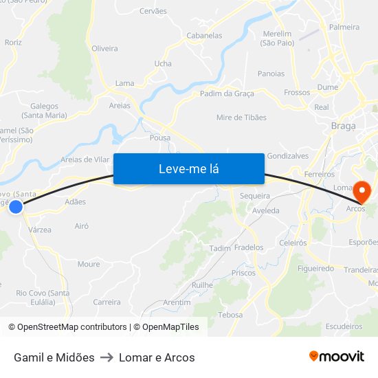 Gamil e Midões to Lomar e Arcos map