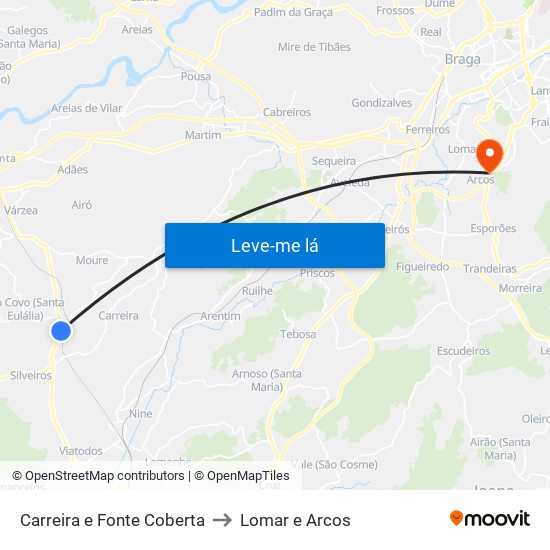 Carreira e Fonte Coberta to Lomar e Arcos map
