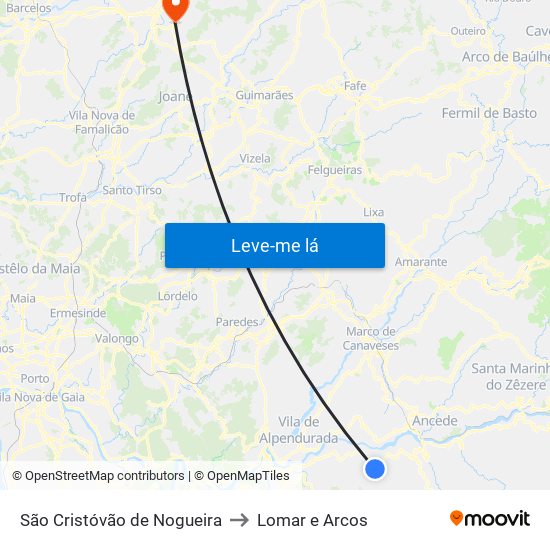 São Cristóvão de Nogueira to Lomar e Arcos map