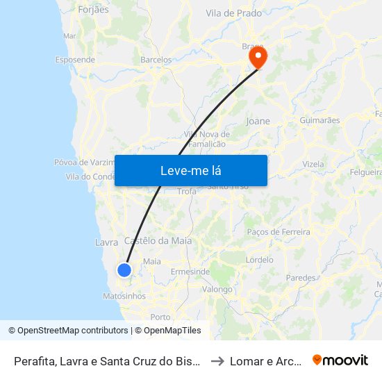 Perafita, Lavra e Santa Cruz do Bispo to Lomar e Arcos map