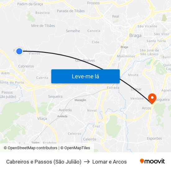 Cabreiros e Passos (São Julião) to Lomar e Arcos map