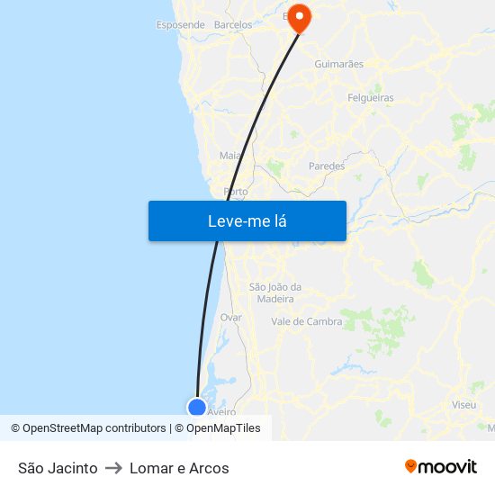 São Jacinto to Lomar e Arcos map