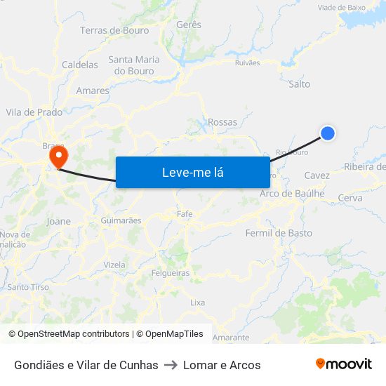 Gondiães e Vilar de Cunhas to Lomar e Arcos map