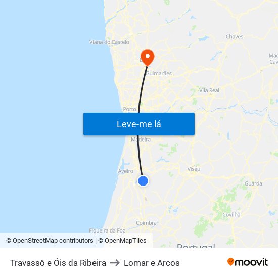 Travassô e Óis da Ribeira to Lomar e Arcos map
