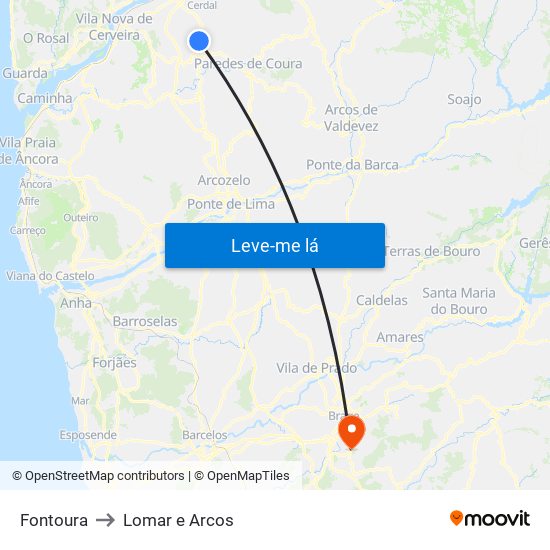 Fontoura to Lomar e Arcos map